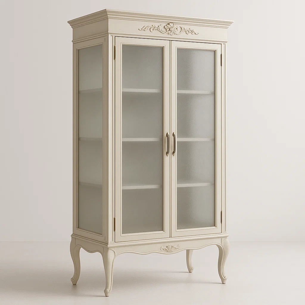 Armoire vitrée double porte en bois crème