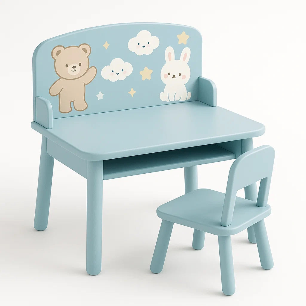 Ensemble Table et Chaise Enfant en Bois Bleu