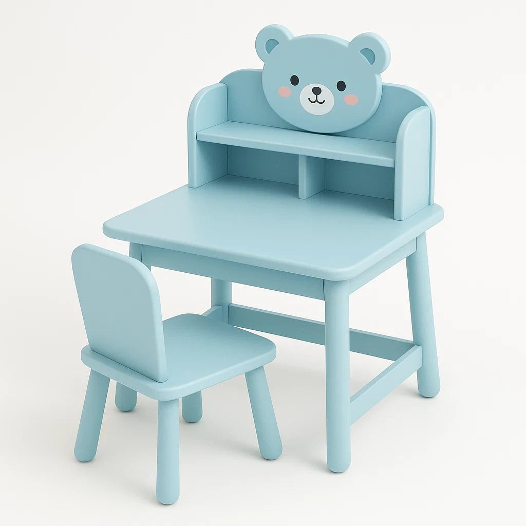 Ensemble table et chaise en bois bleu pour enfant avec motif ours