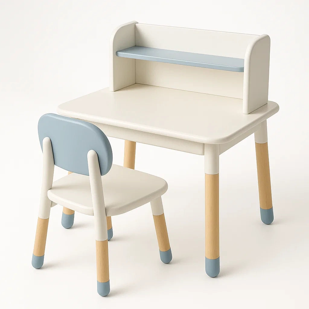 Bureau et Chaise Enfant en Bois et Polypropylène Blanc et Bleu avec Étagère