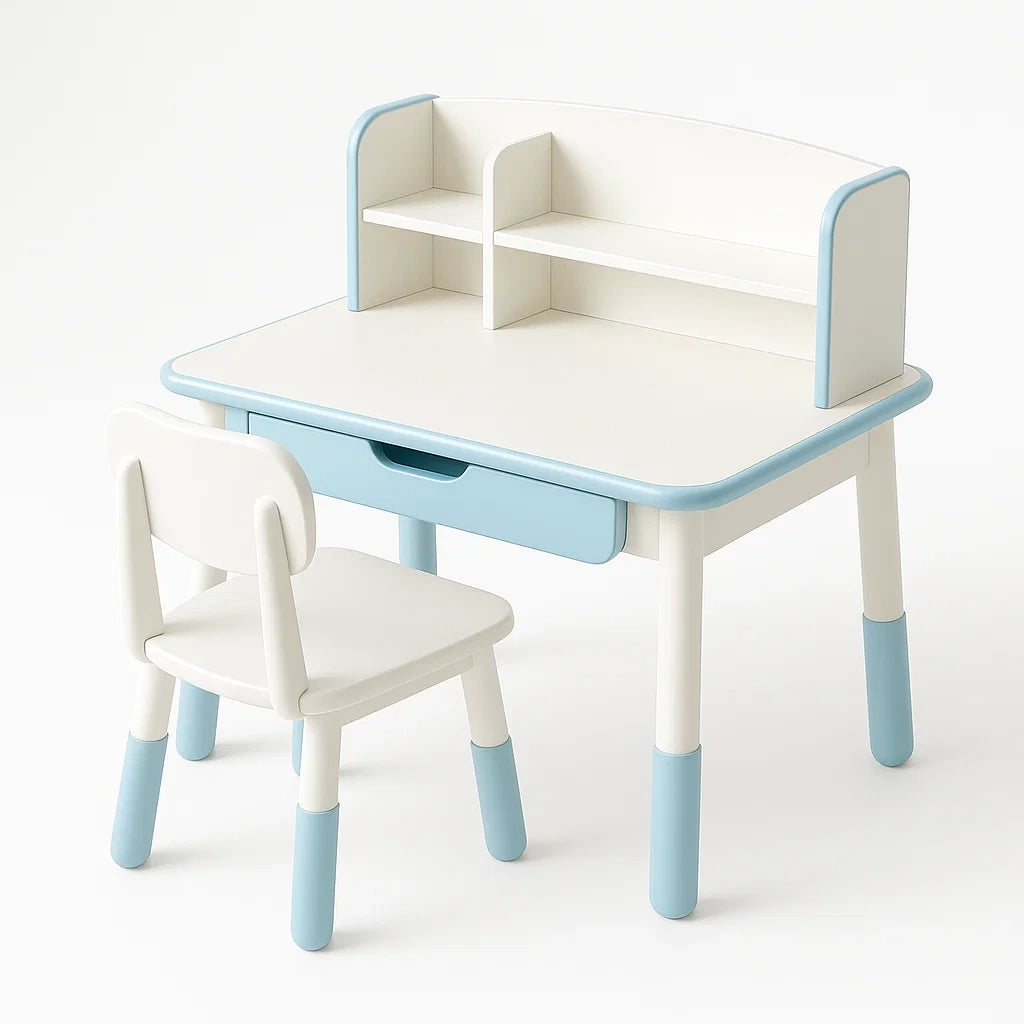 Ensemble Table et Chaise pour Enfants en Bois Blanc et Bleu