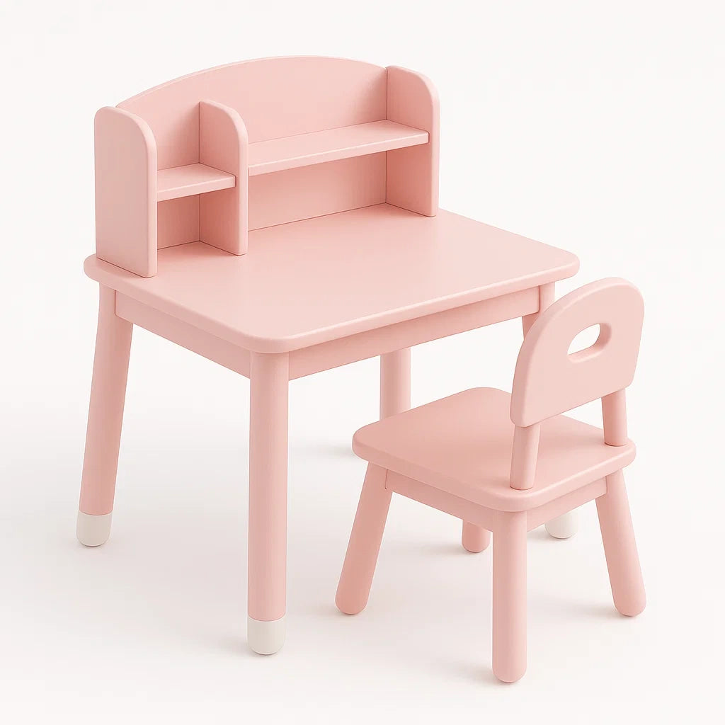 Ensemble Table et Chaise Enfant en Plastique Rose avec Étagère