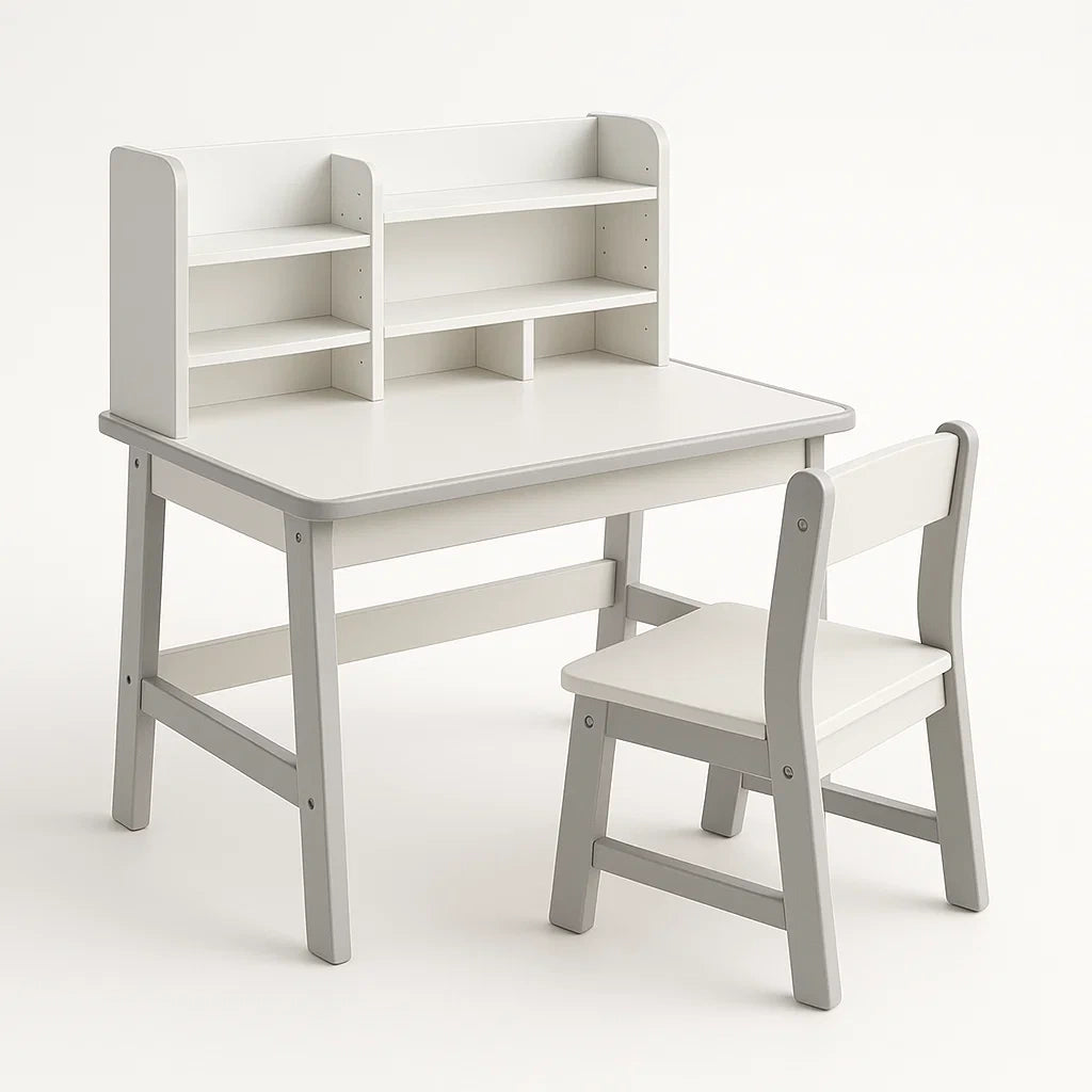 Ensemble de Bureau et Chaise pour Enfant en Bois avec Étagères, Blanc