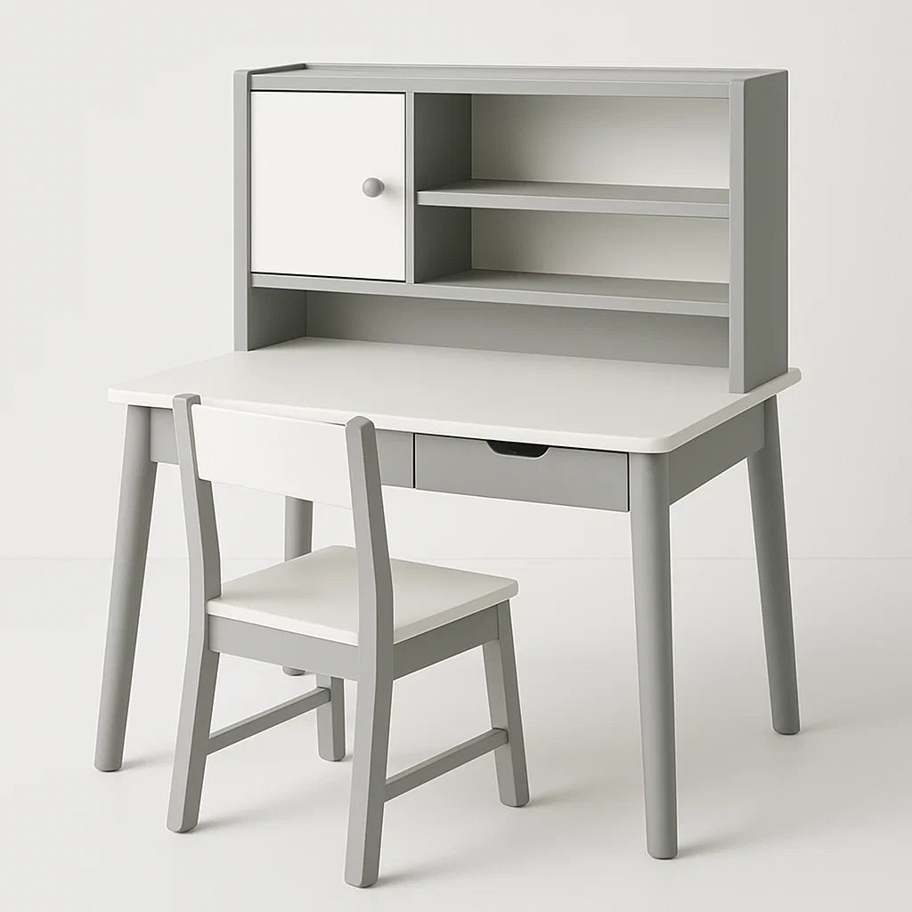 Bureau et Chaise Enfant en Bois Blanc/Gris avec Étagère