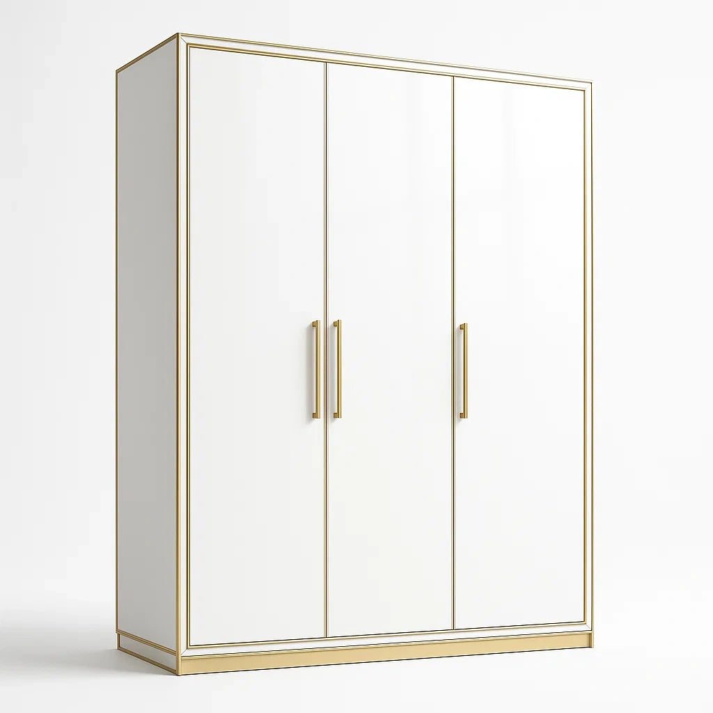 Armoire 3 Portes en MDF Blanc avec Détails en Acier Doré