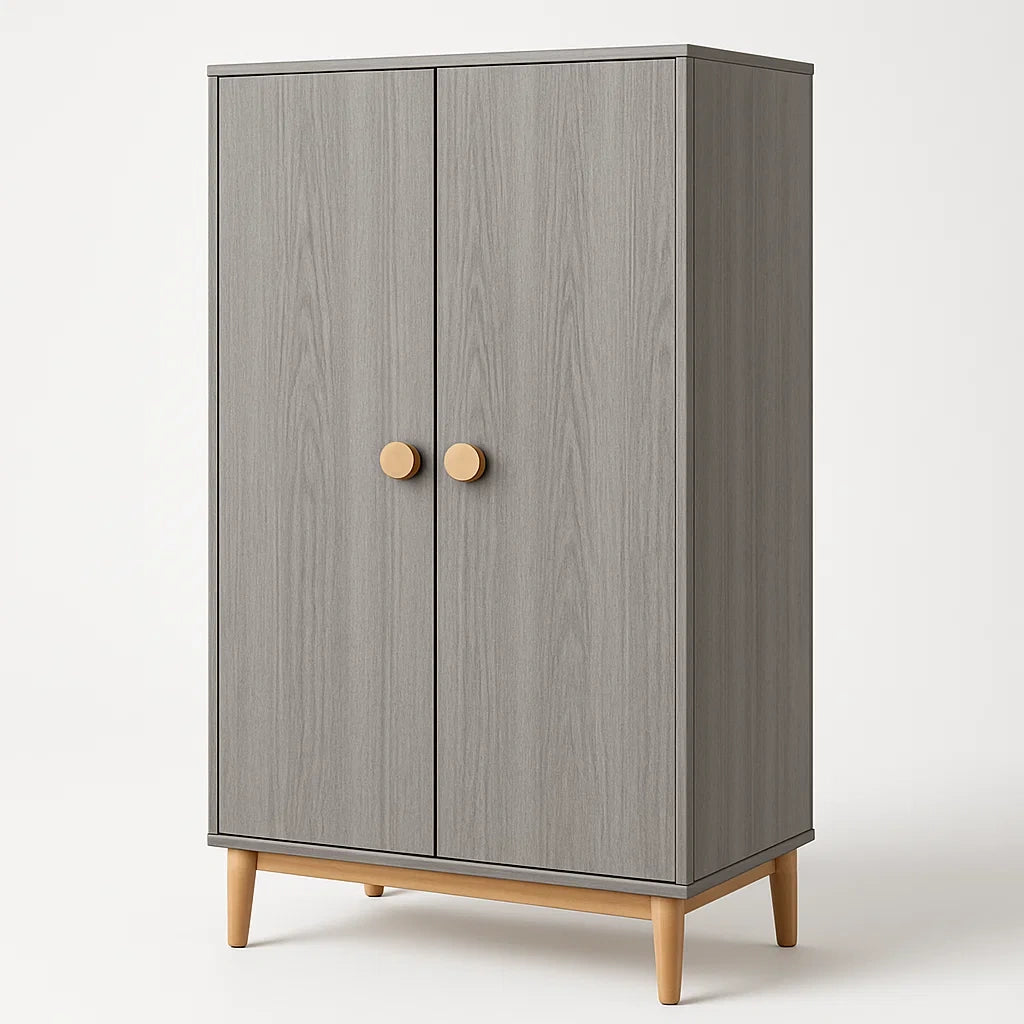 Armoire en bois composite gris avec poignées en bois