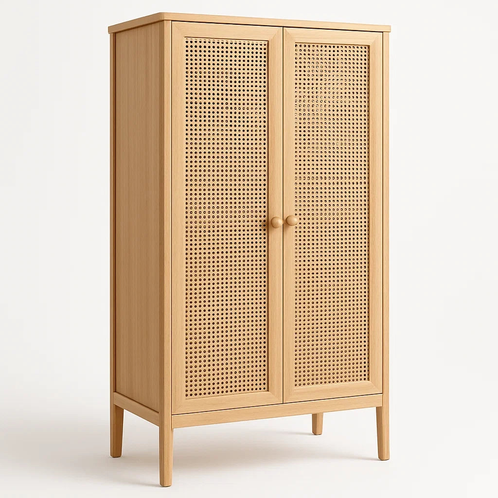 Armoire en bois avec portes en rotin, 90x40x180 cm